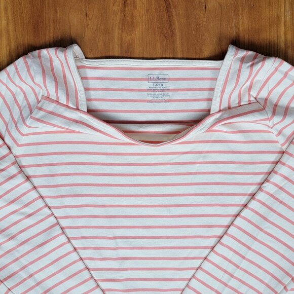 L.L. Bean Supima Cotton Peach White Striped Long Sleeve Square Neck Top - L - Picture 5 of 8